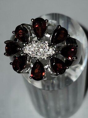 .925 Sterling Silver Oval Floral Garnet/Cubic Zirconia Ring Size 8 Value $680